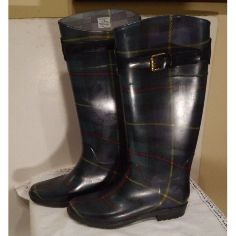 Lauren Ralph Lauren Boots Womens Size 7 B Rossalyn II Tartan Plaid Tall Rain PVC
